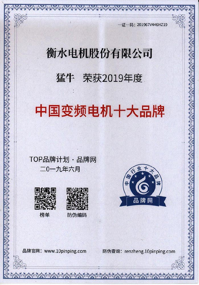 中国变频电机十大品牌证书